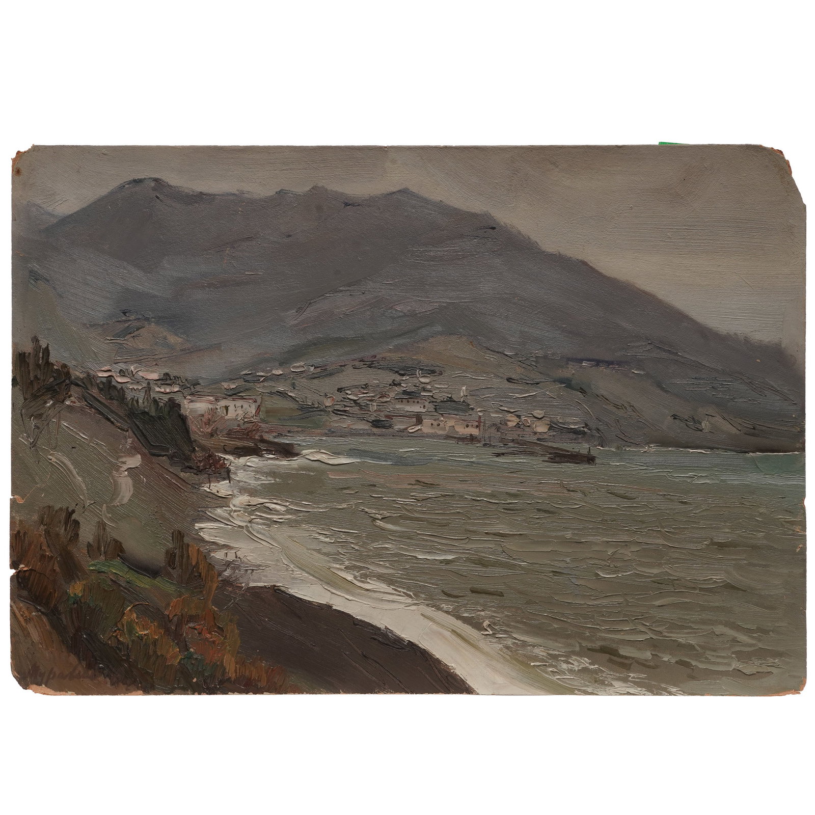 Post-Impressionist Seaside Oil on Board: Post-Impressionist Seaside Oil on Board Late 19th - 20th Cent, Likely Russia Post-Impressionism era oil painting of a mountainside seascape on board. The painting depicts a mostly dark grey ocean, wit