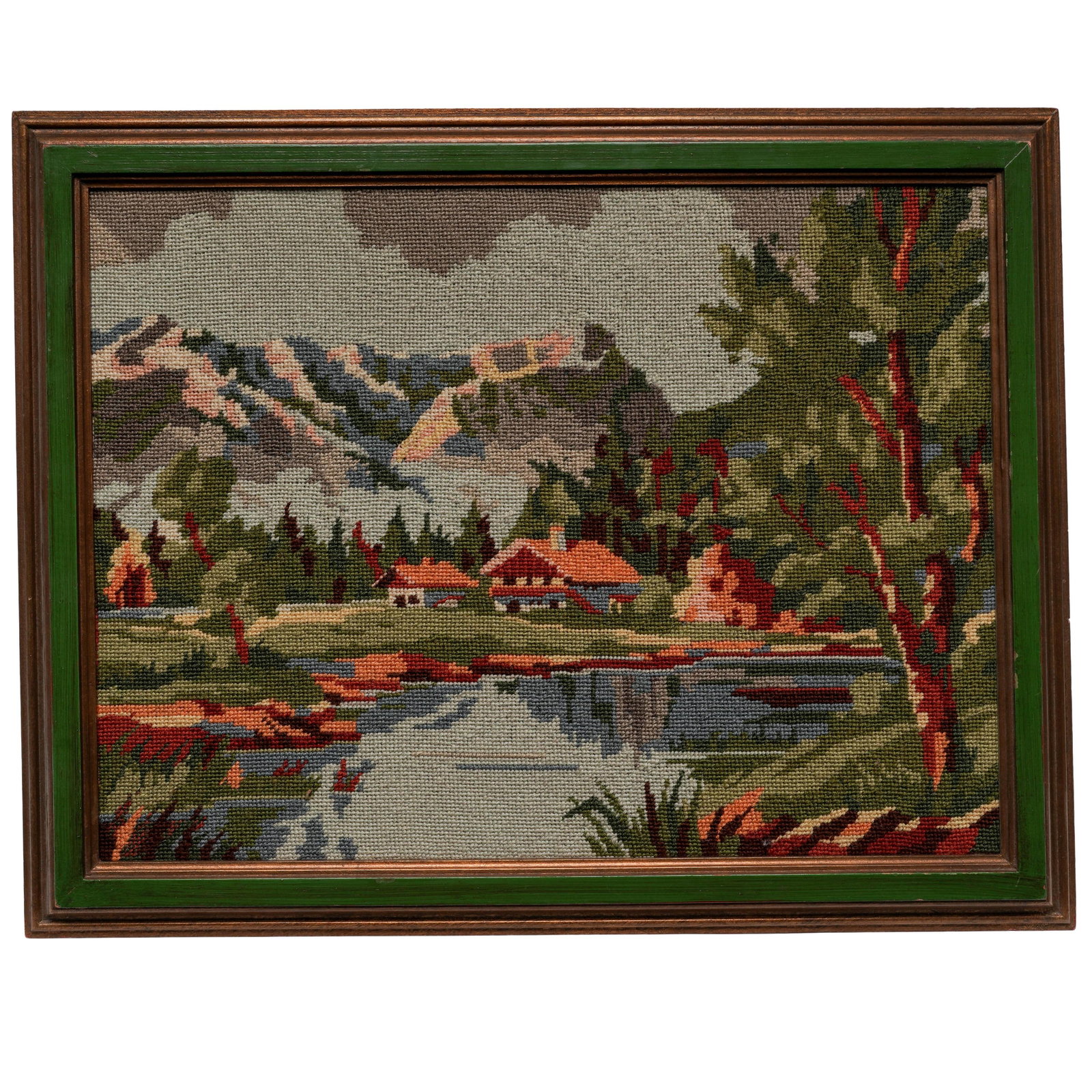 Vintage Framed Needlepoint Alpine Lake Scene (1 of 2)