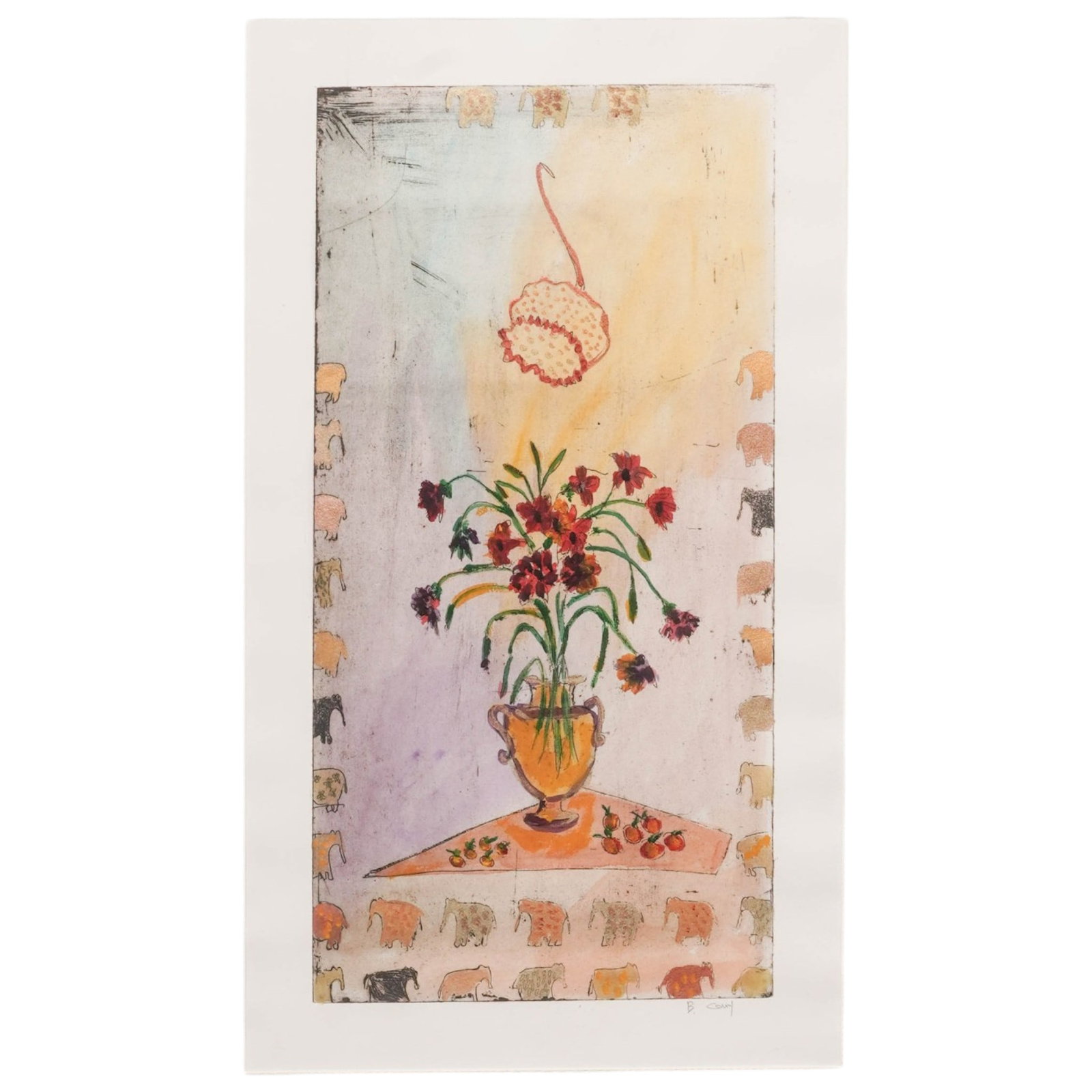 Bracha Guy (Israeli, 1948-) Untitled Floral Still Life, Hand-Colored Etching: Bracha Guy (Israeli, 1948-) Untitled Floral Still Life, Hand-Colored Etching Late 20th Century, Israel Color serigraph depicting a floral still life in a yellow handled vase atop a tabletop with scatt