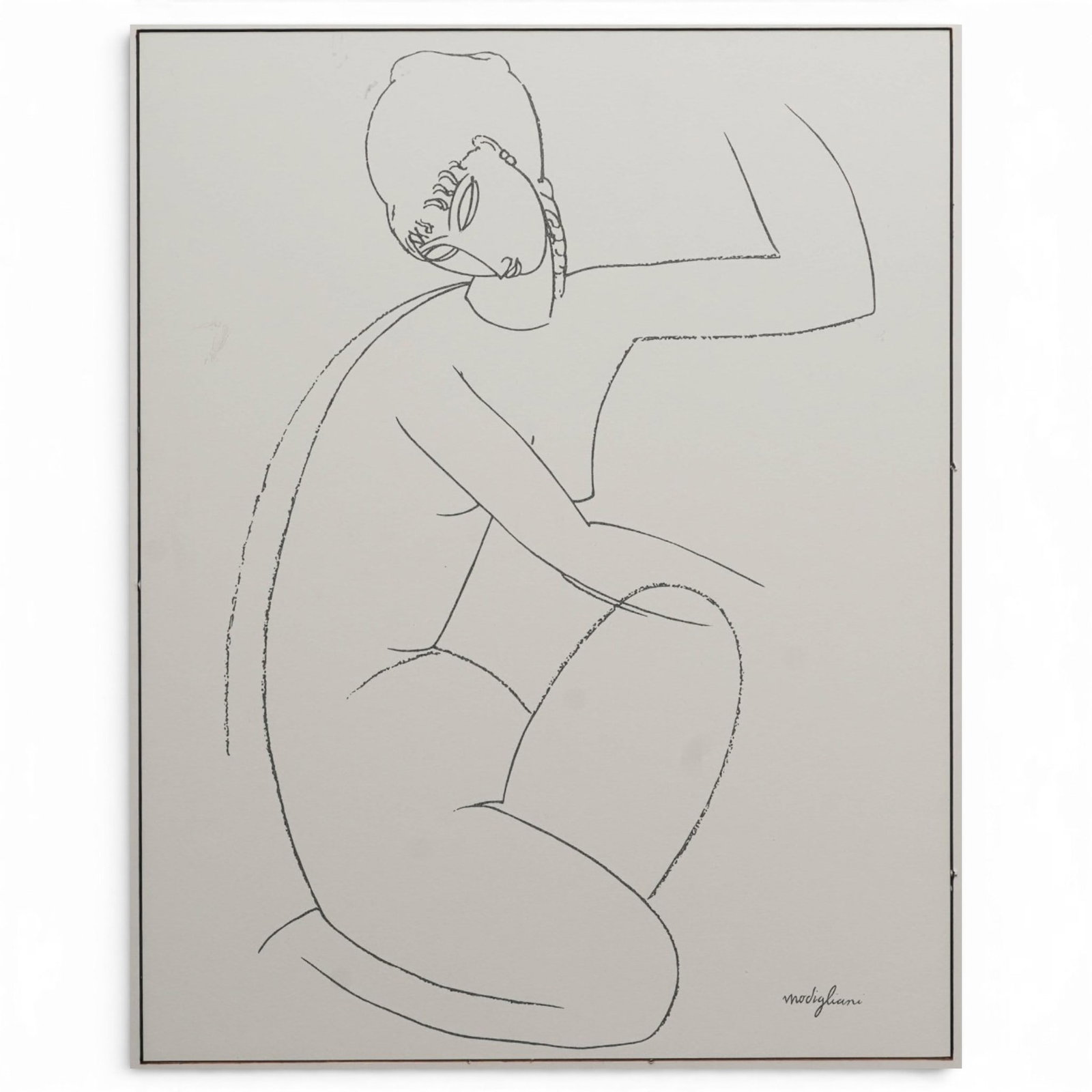 After Amedeo Modigliani (Italian, 1884-1920) 'Nude Study' Print: After Amedeo Modigliani (Italian, 1884-1920) 'Nude Study' Print 20th Century A black-line print after Amedeo Modigliani depicting a seated female nude in the artist's characteristic elongated style, p