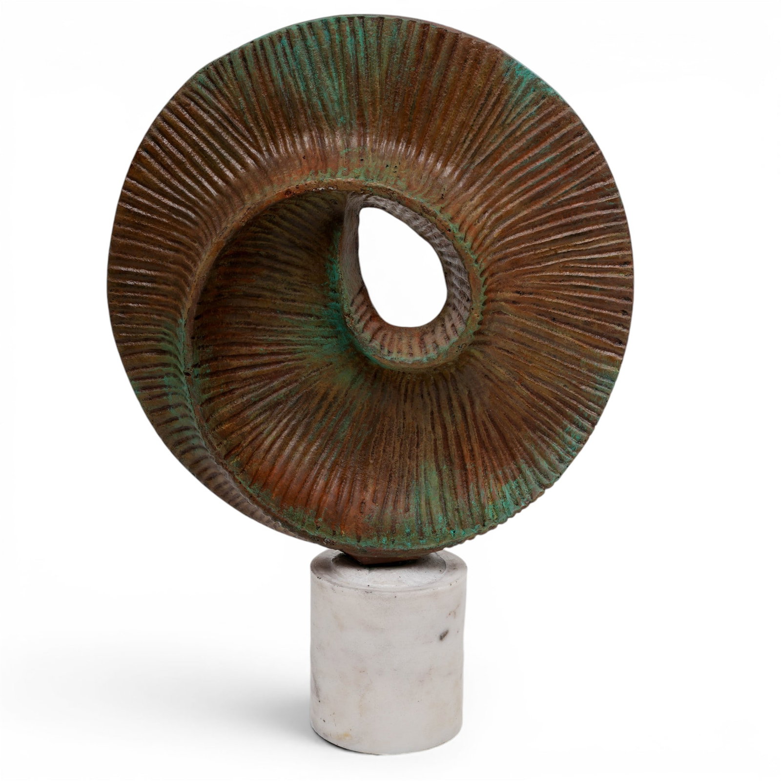 Brutalist Patinated Metal Tabletop Sculpture: Brutalist Patinated Metal Tabletop Sculpture 20th Cent. The abstract, circular piece features heavy, deep radial ribbing and is treated with an oxidized verdigris patina that exposes undertones of gol
