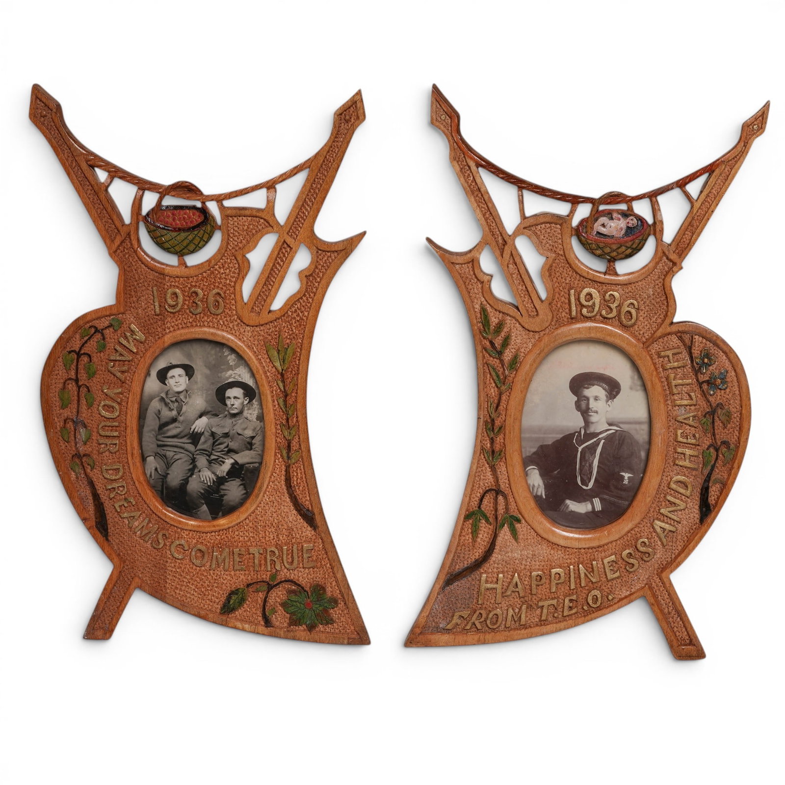 (2 pc) 1930s POW Carved WWII Wooden Frames & Cabinet Cards (1 of 8)
