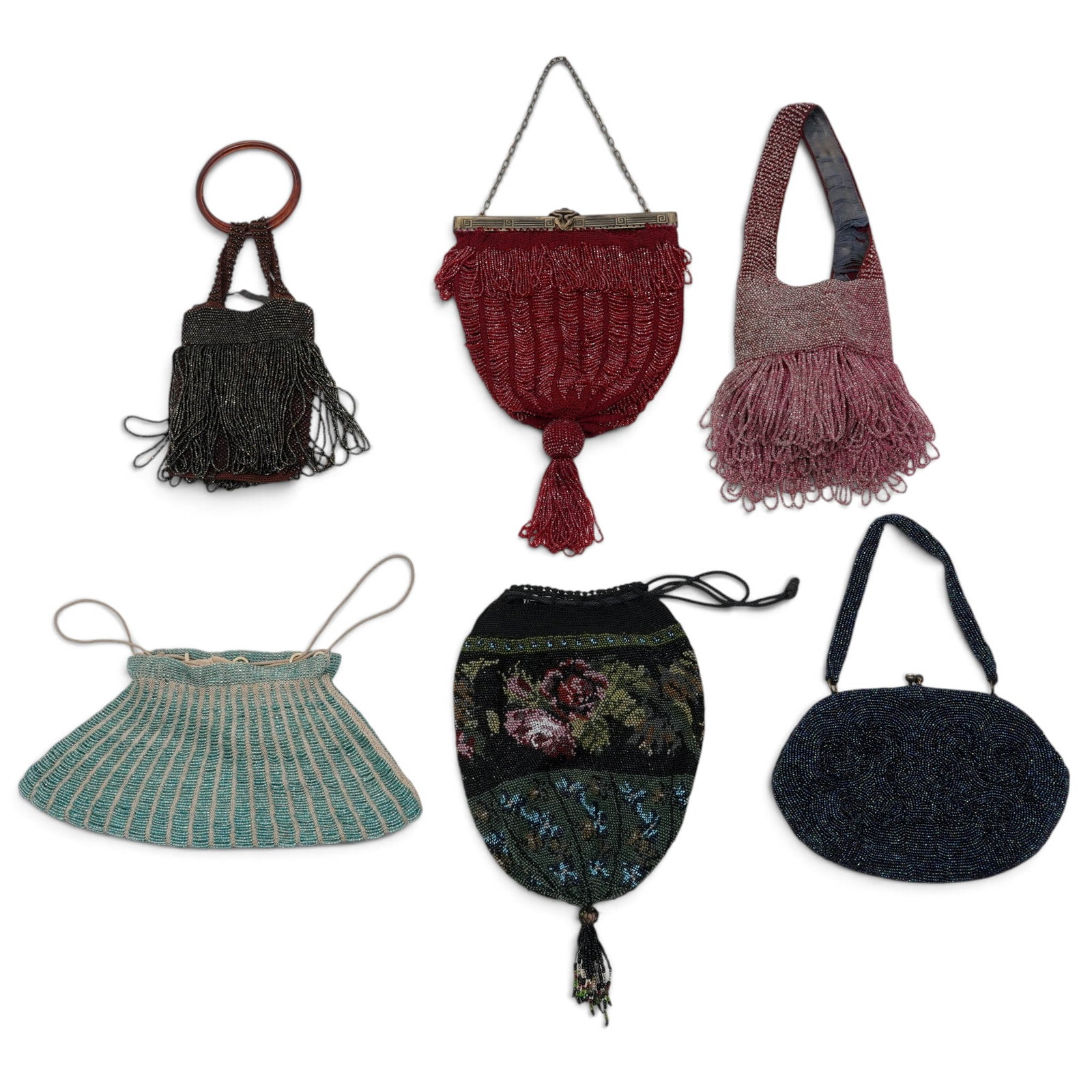 (6pc) Antique Beaded Reticule Pouches & Fringe Evening Bags (1 of 4)