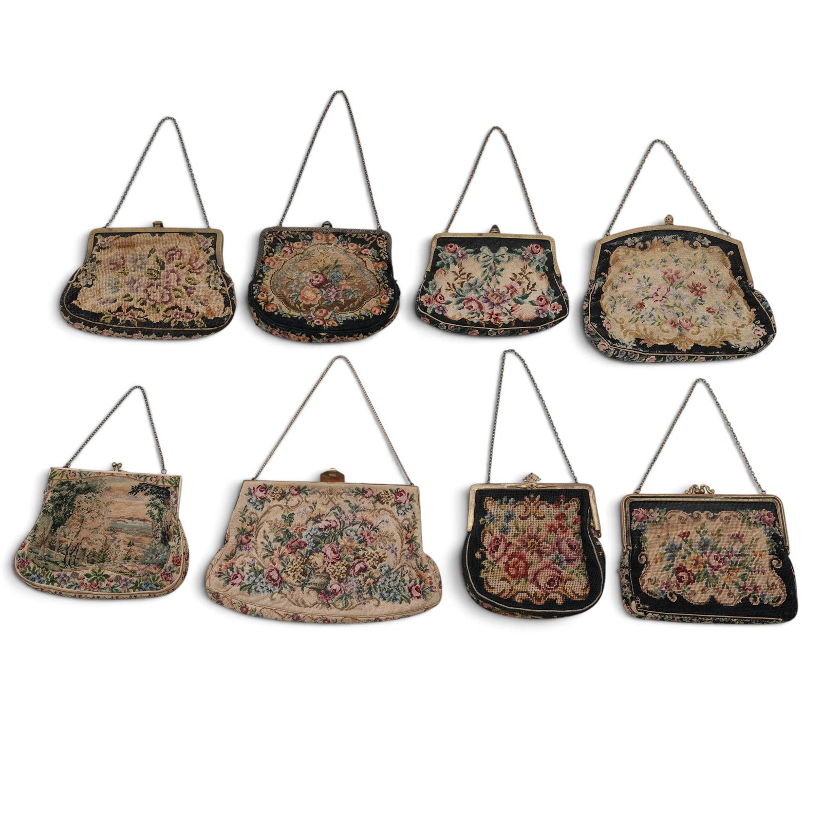 (8pc) Antique Needlepoint Purse Collection: (8pc) Antique Needlepoint Purse Collection Late 19th to early 20th Cent. European Antique tapestry and petit point purses, featuring elaborate floral motifs, scenic designs, ornate metal frames, and c