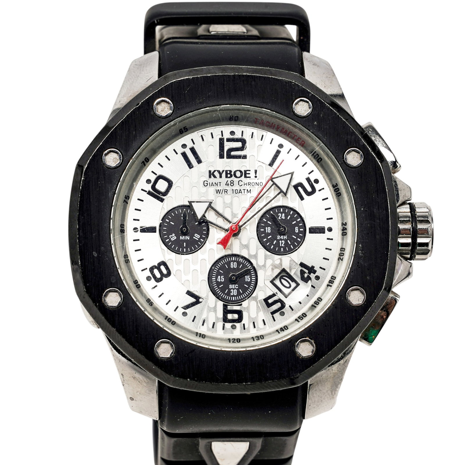 Kyboe! Giant 48 Chrono W/R 10ATM Wrist Watch: Kyboe! Giant 48 Chrono W/R 10ATM Wrist Watch 21st Cent, China The KYBOE! Giant 48 Chrono is a 48mm analog quartz chronograph watch featuring a stainless steel case, a silicone strap, a tachymeter