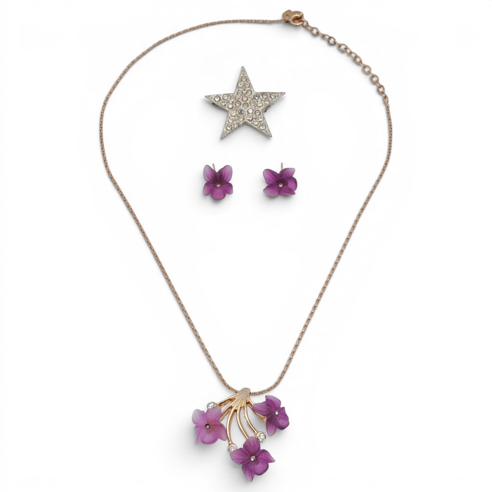 Christian Dior & Yves Saint Laurent Jewelry: Christian Dior & Yves Saint Laurent Jewelry 20th Cent., French, Germany The lot includes: 1) Set Christian Dior for Henkel & Grosse purple frosted glass flower necklace & earrings set: A gold-tone pen