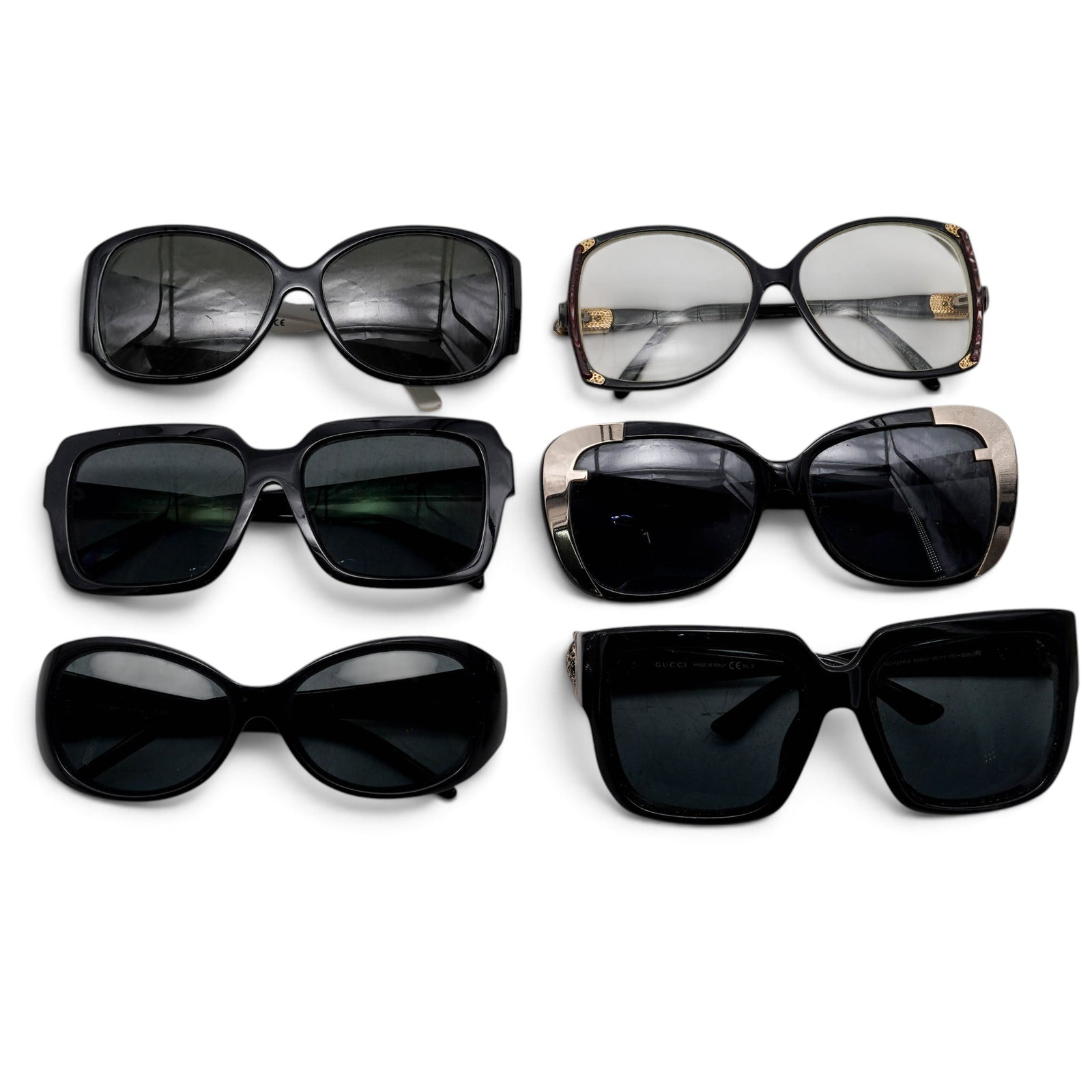 (6 pc) Vintage Women's Designer Sunglasses: (6 pc) Vintage Women's Designer Sunglasses Late 19th - 20th Cent, Italy 1. Gucci oversized sunglasses design GG 3727/F/S, D28EU 2. Prescription Gucci oversized glasses design number faded 3. Fendi gol