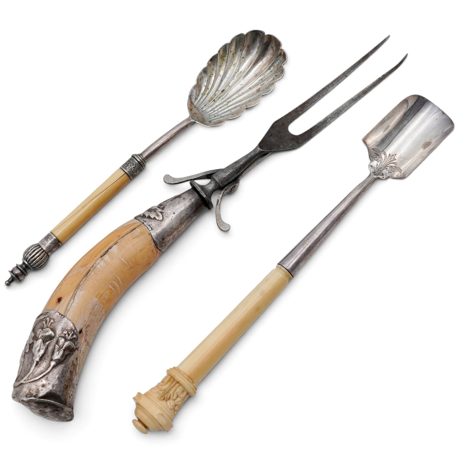 (3pc) Victorian Sterling & Silver-Plated & Carved Bone Serving Utensils (1 of 8)