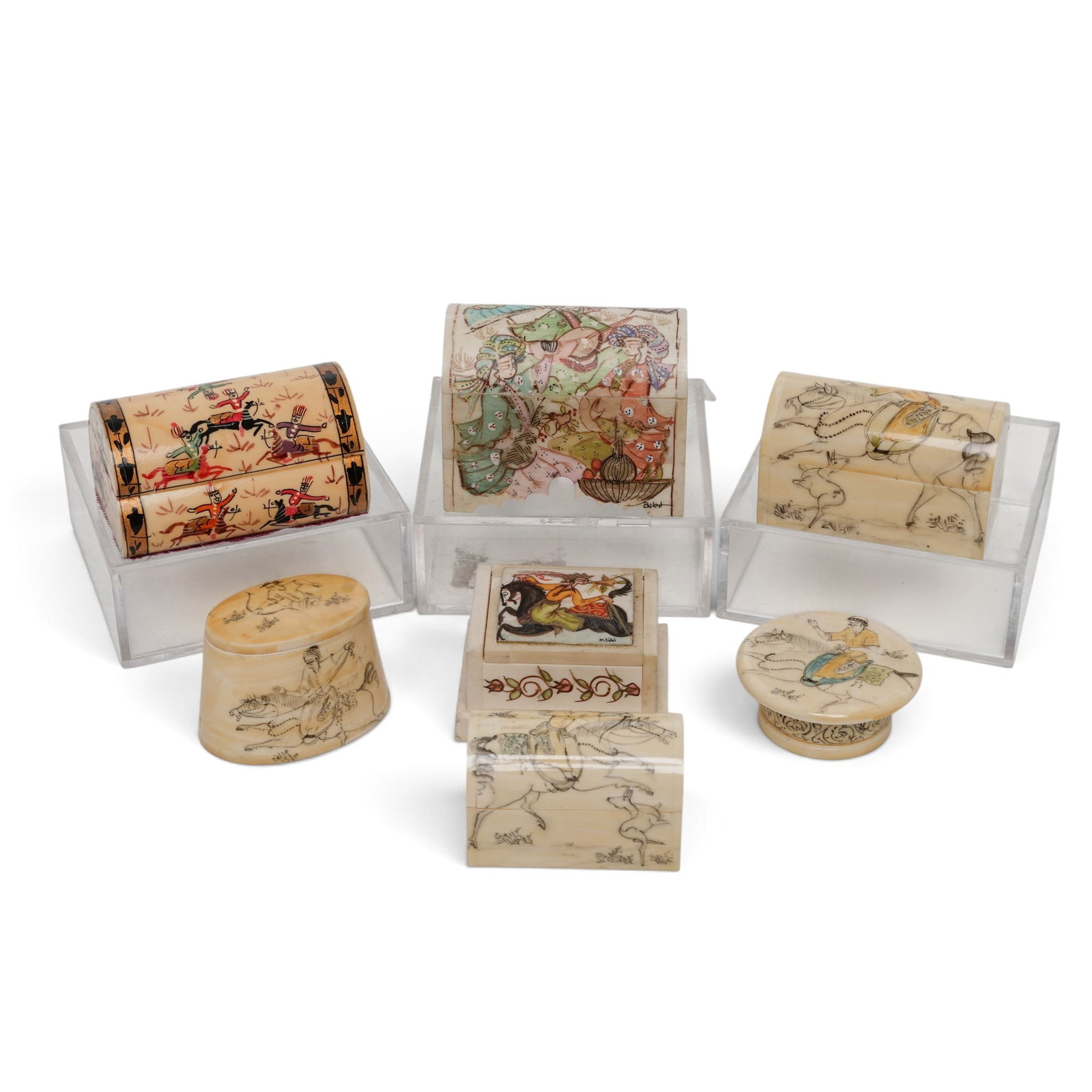 (7 pc) Miniature Persian Hand-Painted Bone Boxes (1 of 15)
