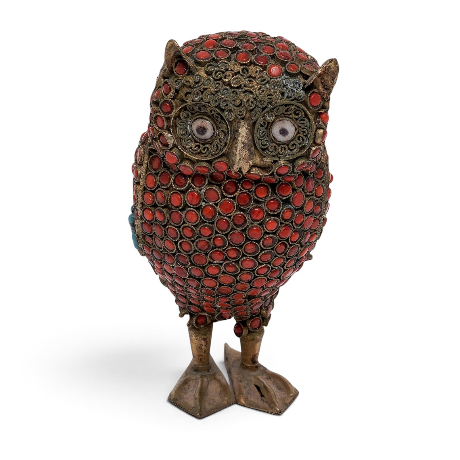 Vintage Nepalese Beaded Inset Owl: Vintage Nepalese Beaded Inset Owl Mid 20th Cent, Nepal This vintage Nepalese owl figurine features a cast brass body covered in a filigree mosaic of hand-set red composition coral and turquoise