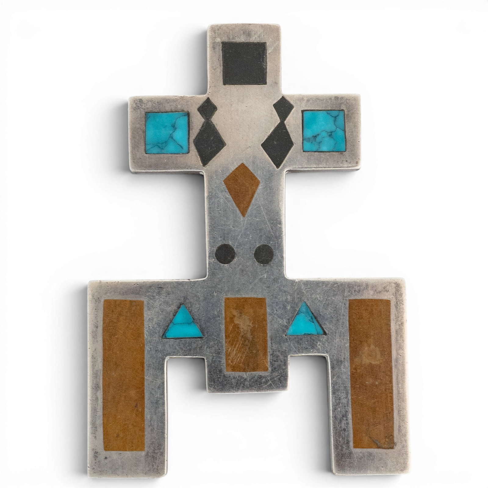 Vintage Los Castillo Taxco Sterling Silver Brass & Multi-Stone Kachina Brooch: Vintage Los Castillo Taxco Sterling Silver Brass & Multi-Stone Kachina Brooch 1970-1980s, Mexican Vintage Taxco sterling silver brooch by Castillo in stylized Kachina form featuring geometric inlays o