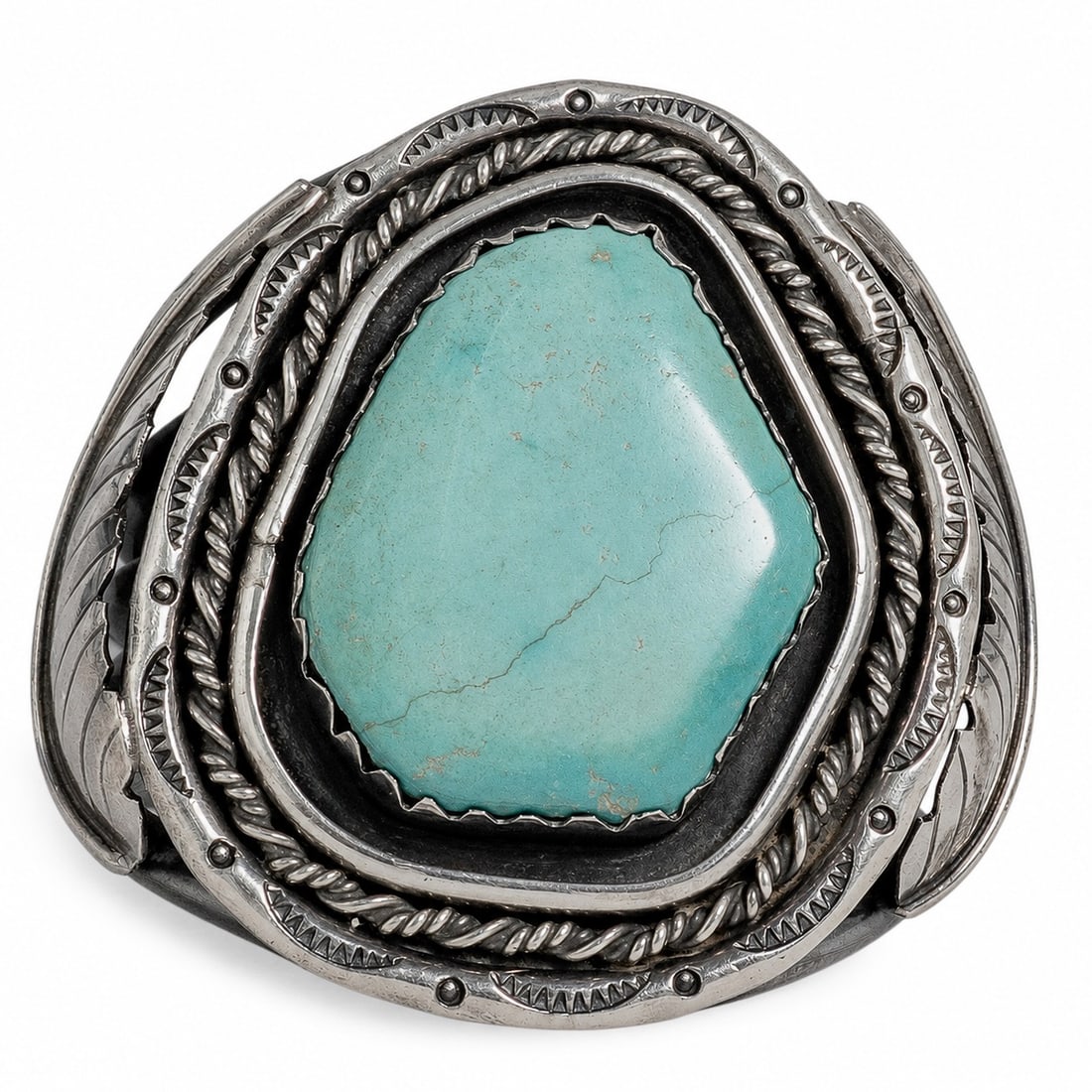 Kathleen Yazzie Navajo Sterling Silver & Turquoise Cuff: Kathleen Yazzie Navajo Sterling Silver & Turquoise Cuff 1970-1980s, USA Vintage Navajo sterling silver cuff bracelet by Kathleen Yazzie set with a turquoise cabochon in a serrated bezel with twisted r