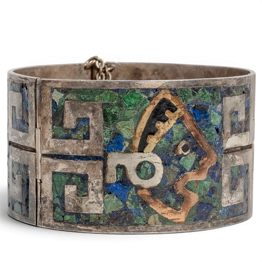 Vintage Mexican Sterling Silver & Mixed Stone Mosaic Cuff Bracelet (1 of 5)