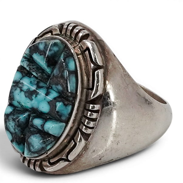 Vintage Navajo Sterling Silver & Turquoise Mosaic Inlay Ring Signed (1 of 8)