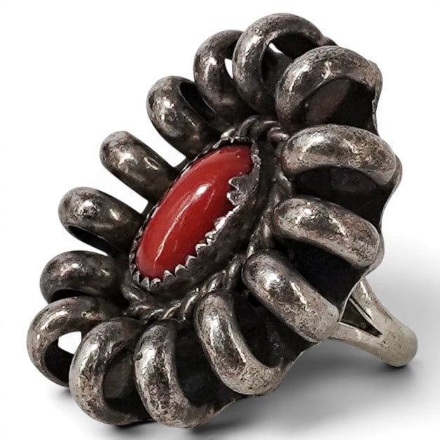 Vintage Justina Wilson Navajo Sterling Silver & Coral Statement Ring: Vintage Justina Wilson Navajo Sterling Silver & Coral Statement Ring 1970-1980s, USA Vintage Navajo sterling silver statement ring by Justina Wilson, featuring a natural coral cabochon set within a dr