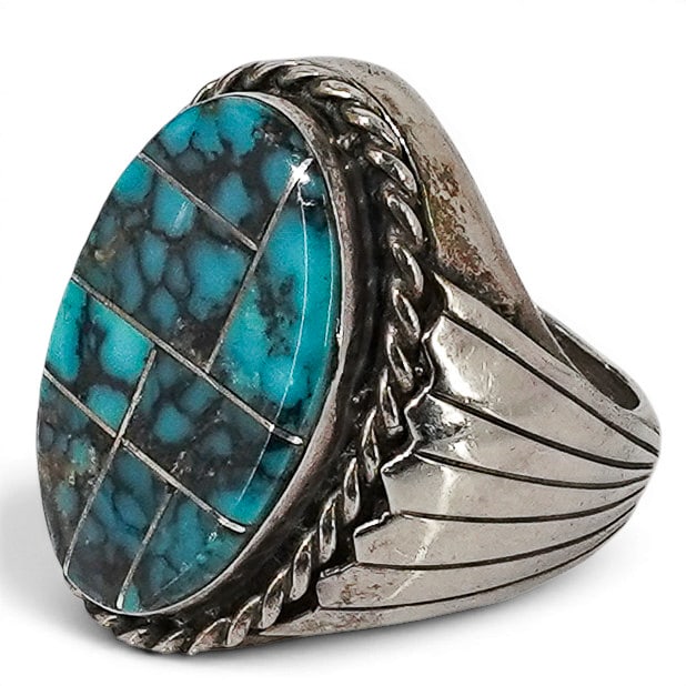 Ritter & Sullivan Sterling Silver Turquoise Mosaic Inlay Ring: Ritter & Sullivan Sterling Silver Turquoise Mosaic Inlay Ring 1995, USA Ritter & Sullivan sterling silver ring featuring a large elongated oval turquoise mosaic inlay plaque with blue-green coloration