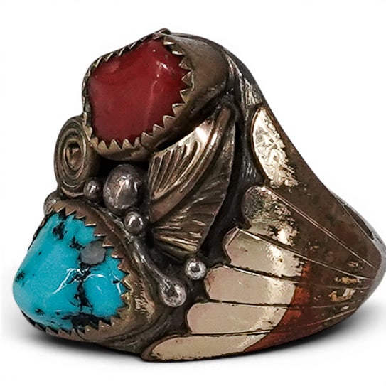 Vintage Margaret Lee Navajo Sterling Silver Plated Brass Turquoise & Coral Ring (1 of 7)