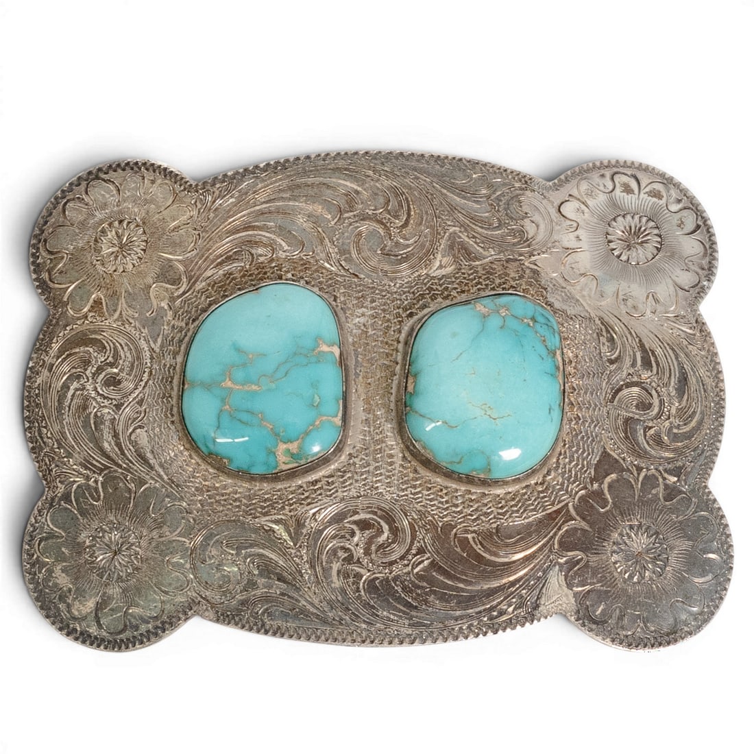 Vintage Silver State Sterling Silver & Turquoise Western Belt Buckle: Vintage Silver State Sterling Silver & Turquoise Western Belt Buckle 1970-1980s, USA Vintage Silver State Sterling silver Western belt buckle featuring two substantial oval turquoise cabochons in rais