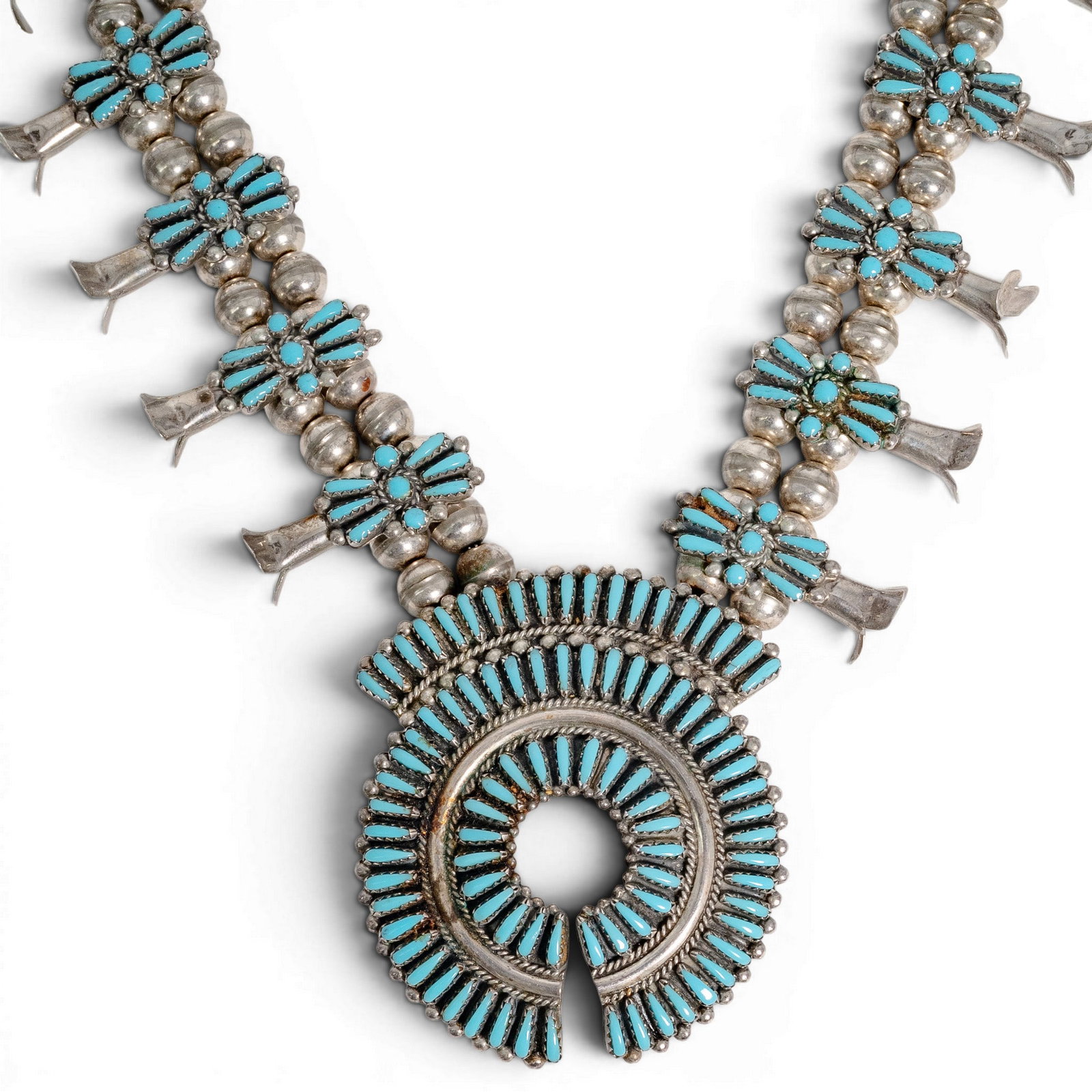 Vintage Dickie & Claudia Edaakie Zuni Sterling Silver Needlepoint Turquoise Squash Blossom Necklace: Vintage Dickie & Claudia Edaakie Zuni Sterling Silver Needlepoint Turquoise Squash Blossom Necklace 1970s-1980s, USA Vintage Zuni sterling silver double-strand squash blossom necklace by Dickie and Cl