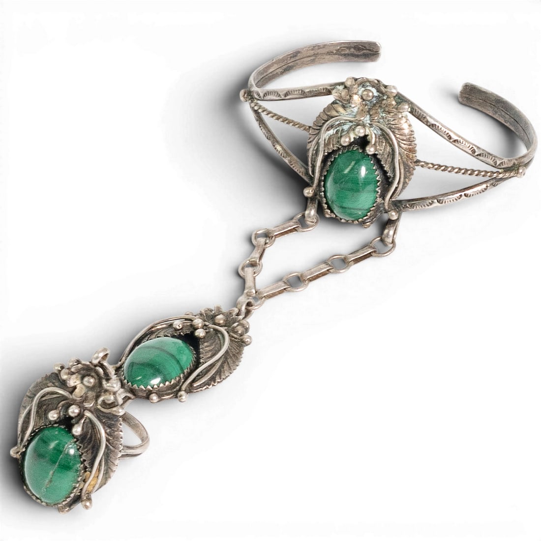 Vintage Eddie Pacheco Navajo Sterling Silver & Malachite Slave Bracelet Ring: Vintage Eddie Pacheco Navajo Sterling Silver & Malachite Slave Bracelet Ring 1970-1980s, USA Vintage Navajo sterling silver slave bracelet ring by Eddie Pacheco, set with oval malachite cabochons in s