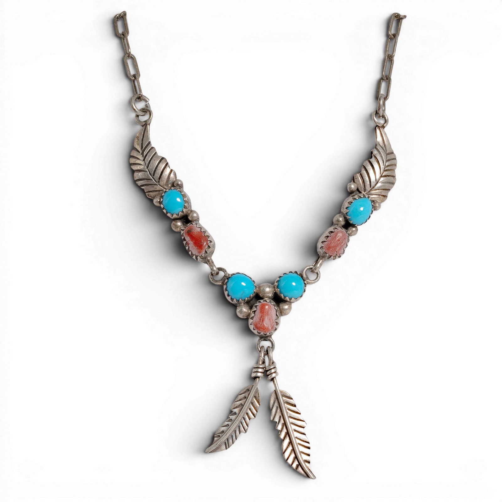 Vintage Navajo Sterling Silver Turquoise & Coral Necklace: Vintage Navajo Sterling Silver Turquoise & Coral Necklace 1970-1980s, USA Vintage Navajo sterling silver necklace set with turquoise and coral cabochons in serrated bezels, accented by silver beadwork