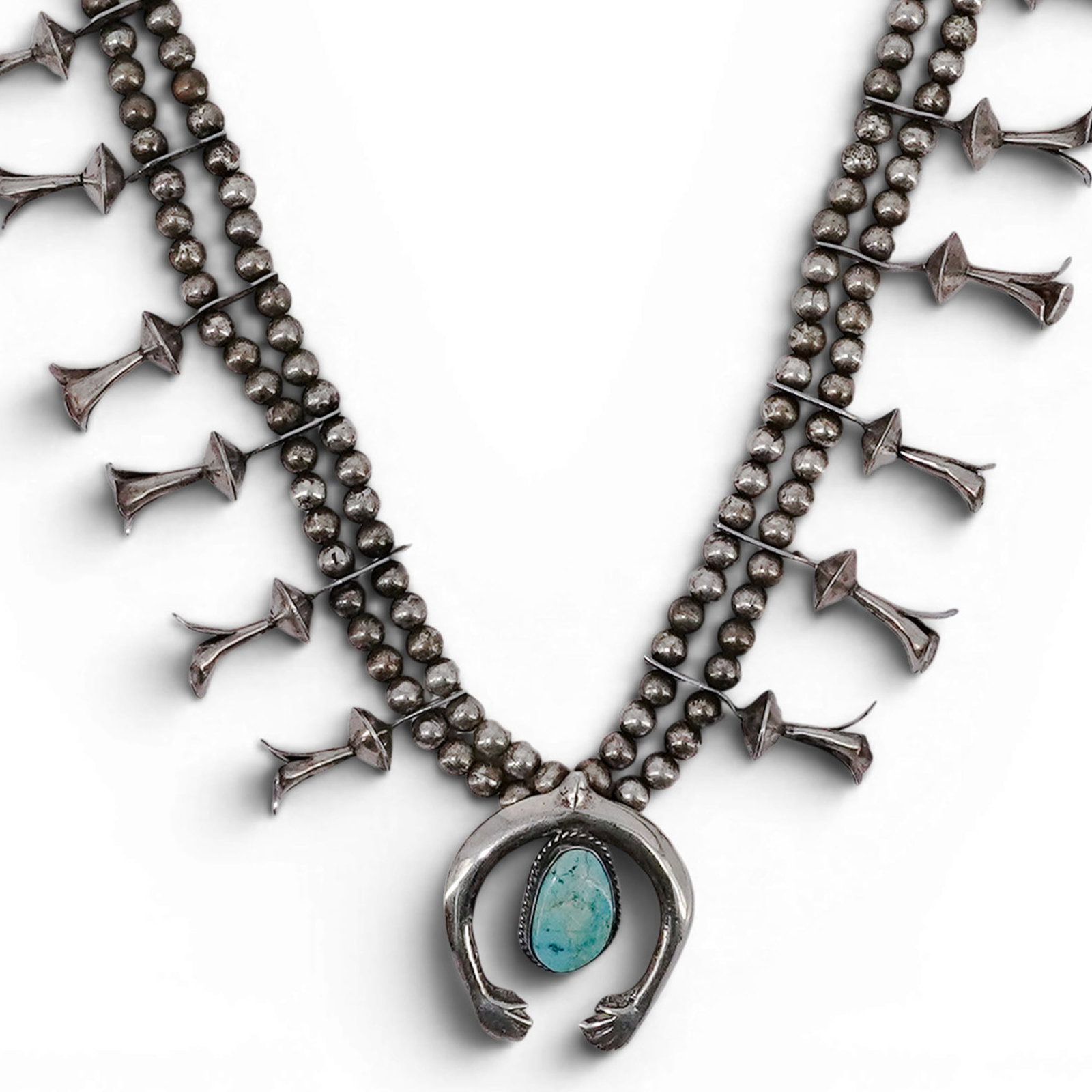 Vintage Navajo Sterling Silver & Turquoise Squash Blossom Necklace (1 of 9)