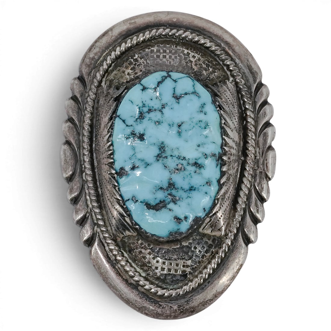 Vintage Robert & Bernice Leekya Navajo Sterling Silver Turquoise Belt Buckle: Vintage Robert & Bernice Leekya Navajo Sterling Silver Turquoise Belt Buckle 1970-1980s, USA Vintage Navajo sterling silver belt buckle by Robert & Bernice Leekya, centered with a large natural turquo