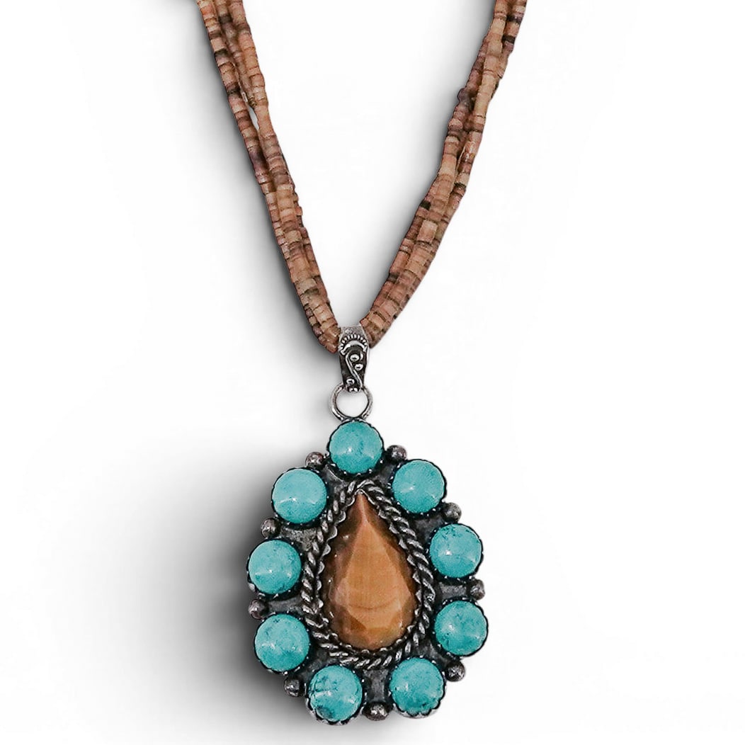 Vintage Sterling Silver Turquoise & Tiger's Eye Pendant Necklace: Vintage Sterling Silver Turquoise & Tiger's Eye Pendant Necklace 1970s-1980s, Chinese Vintage sterling silver pendant necklace featuring a teardrop tiger's eye center stone surrounded by round turquoi