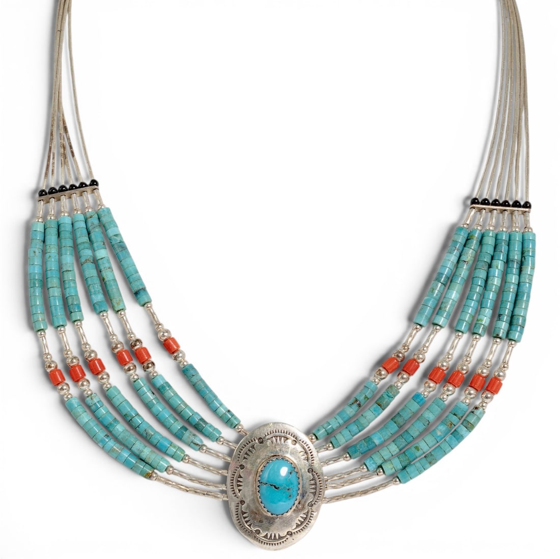 Vintage Navajo Sterling Silver & Multi-Stone Heishi Necklace Signed: Vintage Navajo Sterling Silver & Multi-Stone Heishi Necklace Signed 1970-1980s, USA Vintage sterling silver six-strand necklace composed of turquoise heishi beads, sterling silver bench beads, and cor