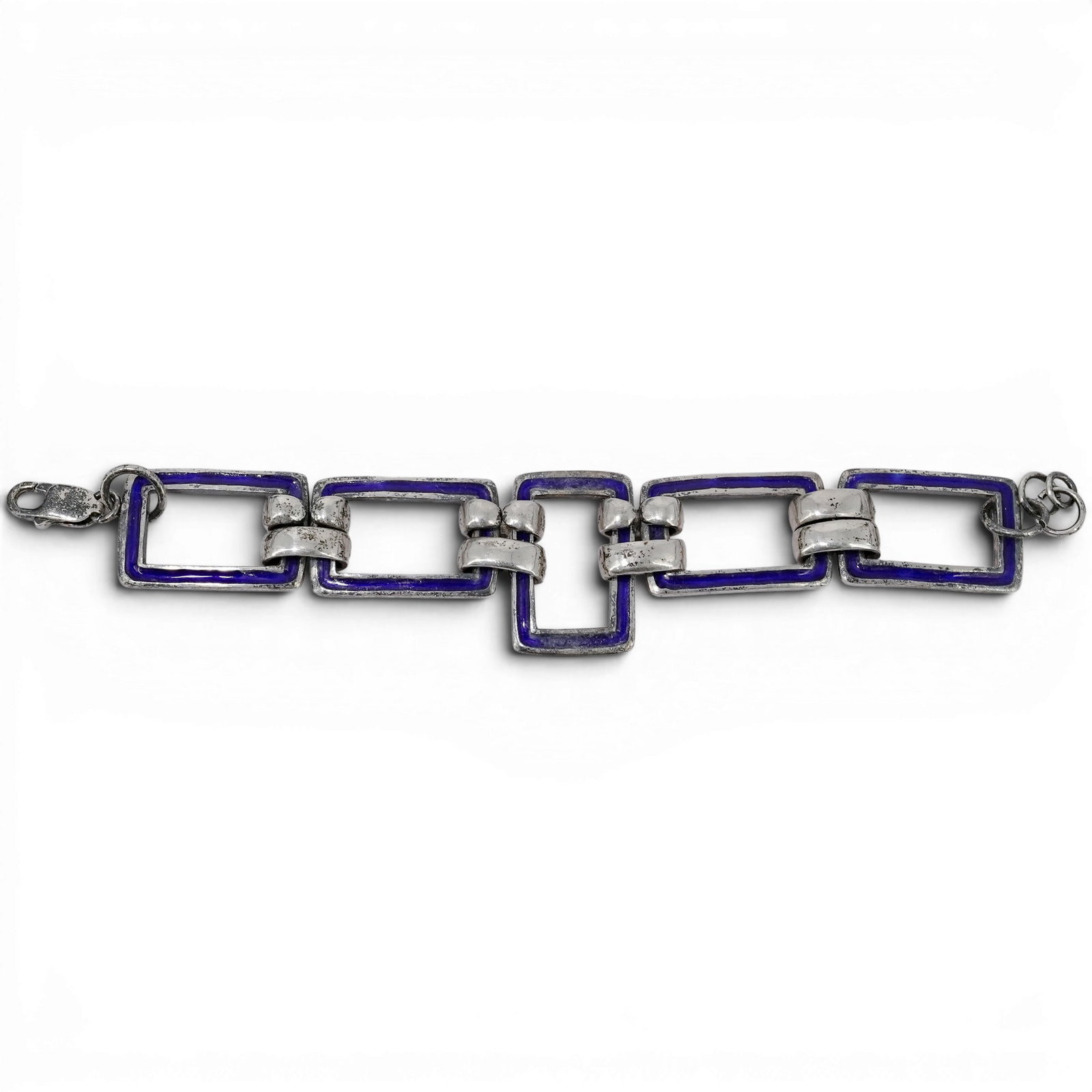 Vintage Navajo Sterling Silver & Blue Enamel Link Bracelet Signed: Vintage Navajo Sterling Silver & Blue Enamel Link Bracelet Signed 1970-1980s, USA Vintage Navajo sterling silver bracelet composed of elongated geometric links accented with recessed cobalt blue ename