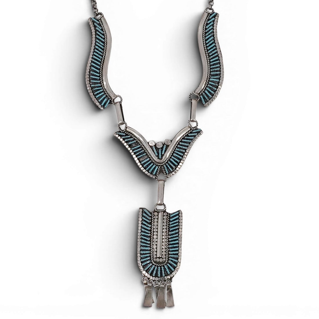 Vintage Tom Yazzie Zuni Sterling Silver & Needlepoint Turquoise Necklace: Vintage Tom Yazzie Zuni Sterling Silver & Needlepoint Turquoise Necklace 1970-1980s, USA Vintage sterling silver necklace featuring extensive needlepoint turquoise inlay arranged in curved side elemen