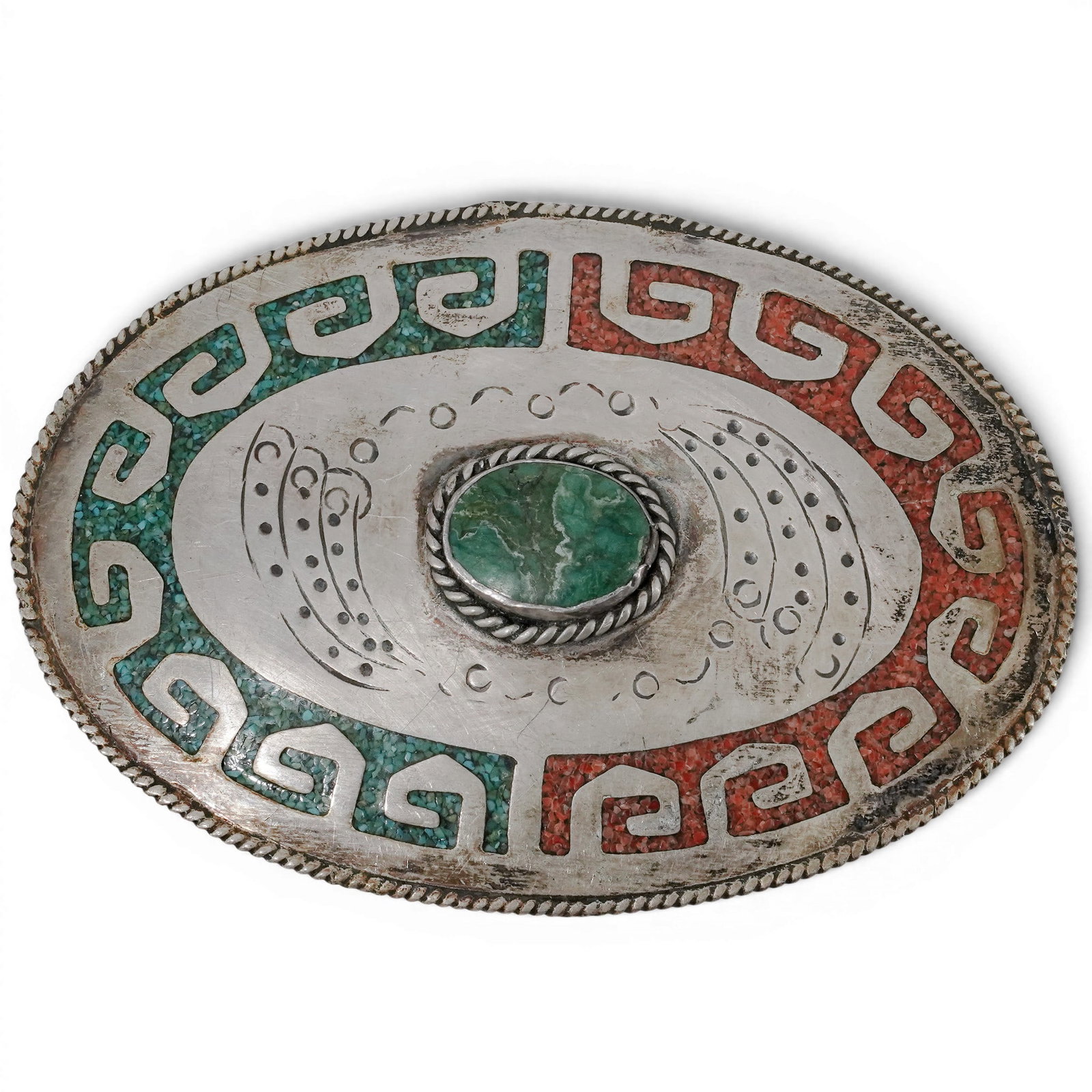 Vintage Navajo Sterling Silver Turquoise & Coral Inlay Belt Buckle: Vintage Navajo Sterling Silver Turquoise & Coral Inlay Belt Buckle 1970-1980s, USA Vintage Navajo sterling silver belt buckle of oval form featuring crushed turquoise and coral mosaic inlay panels sur