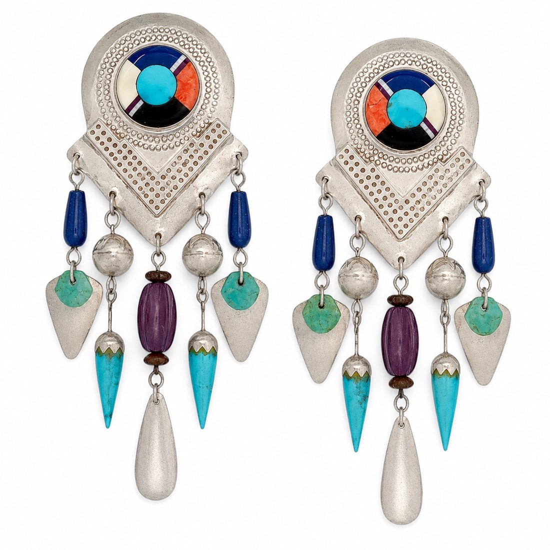 Vintage Sterling Silver & Multi-Stone Inlay Chandelier Earrings (1 of 5)