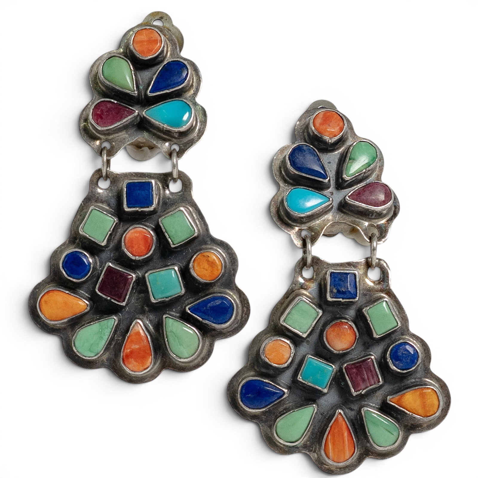Vintage Spirit Winds Navajo Sterling Silver & Multi-Stone Cluster Dangle Earrings: Vintage Spirit Winds Navajo Sterling Silver & Multi-Stone Cluster Dangle Earrings 1970-1980s, USA Vintage Spirit Winds Navajo sterling silver cluster dangle earrings featuring colorful multi-stone cab