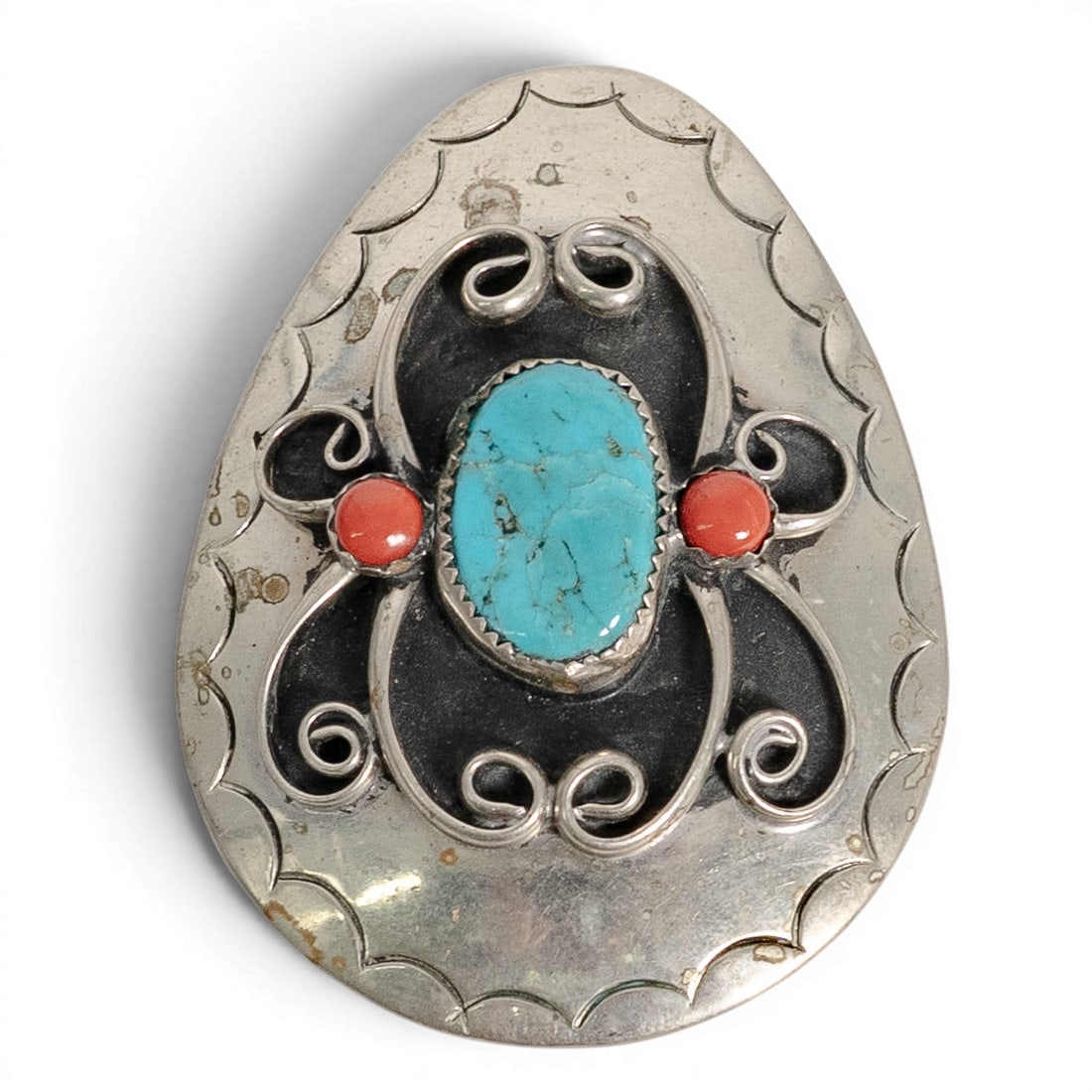 Vintage Navajo Sterling Silver Turquoise & Coral Belt Buckle: Vintage Navajo Sterling Silver Turquoise & Coral Belt Buckle 1970-1980s, USA Vintage sterling silver oval belt buckle featuring a central turquoise cabochon flanked by two coral cabochons in sawtooth 