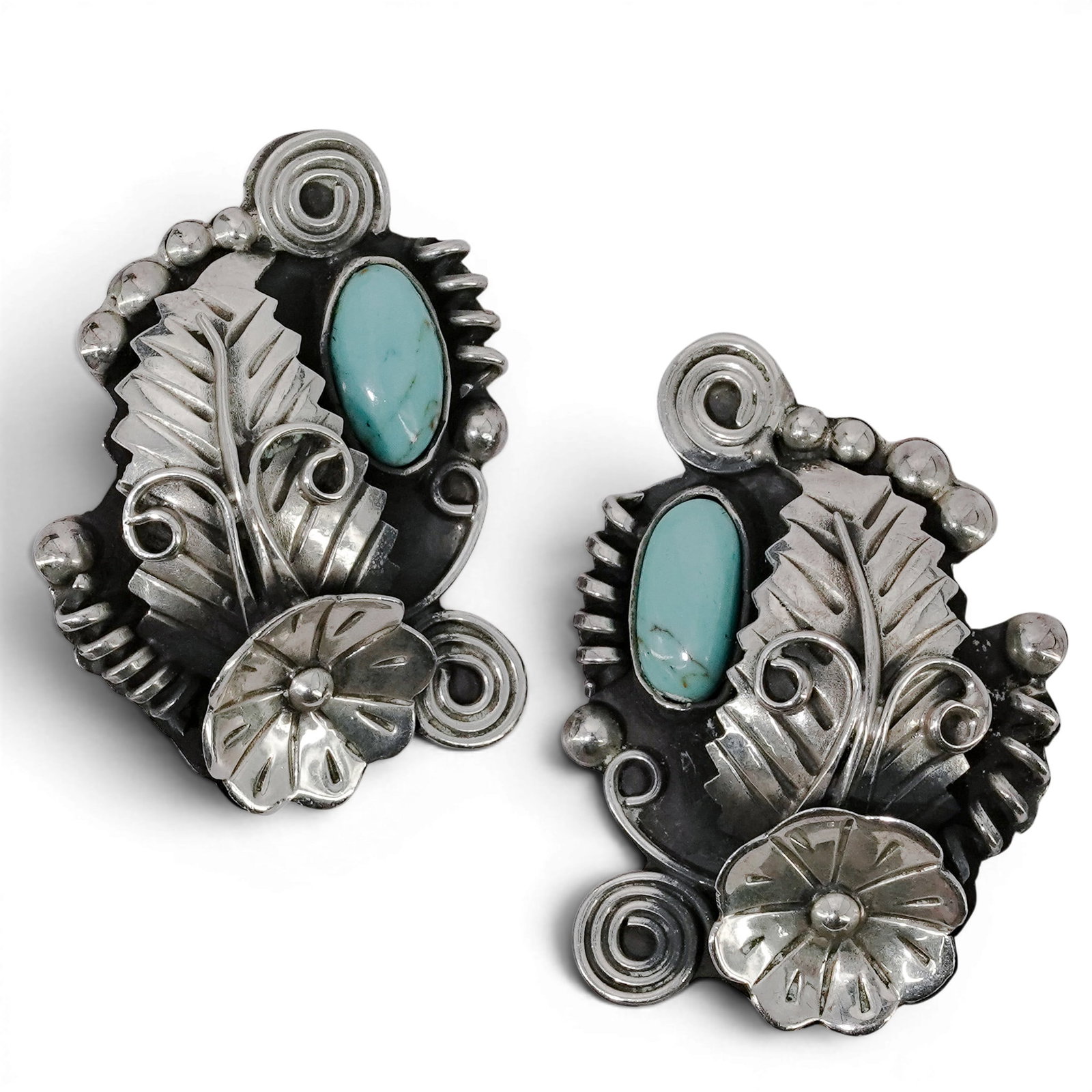 Pair of Mexican Sterling Silver & Turquoise Floral Clip Earrings (1 of 3)