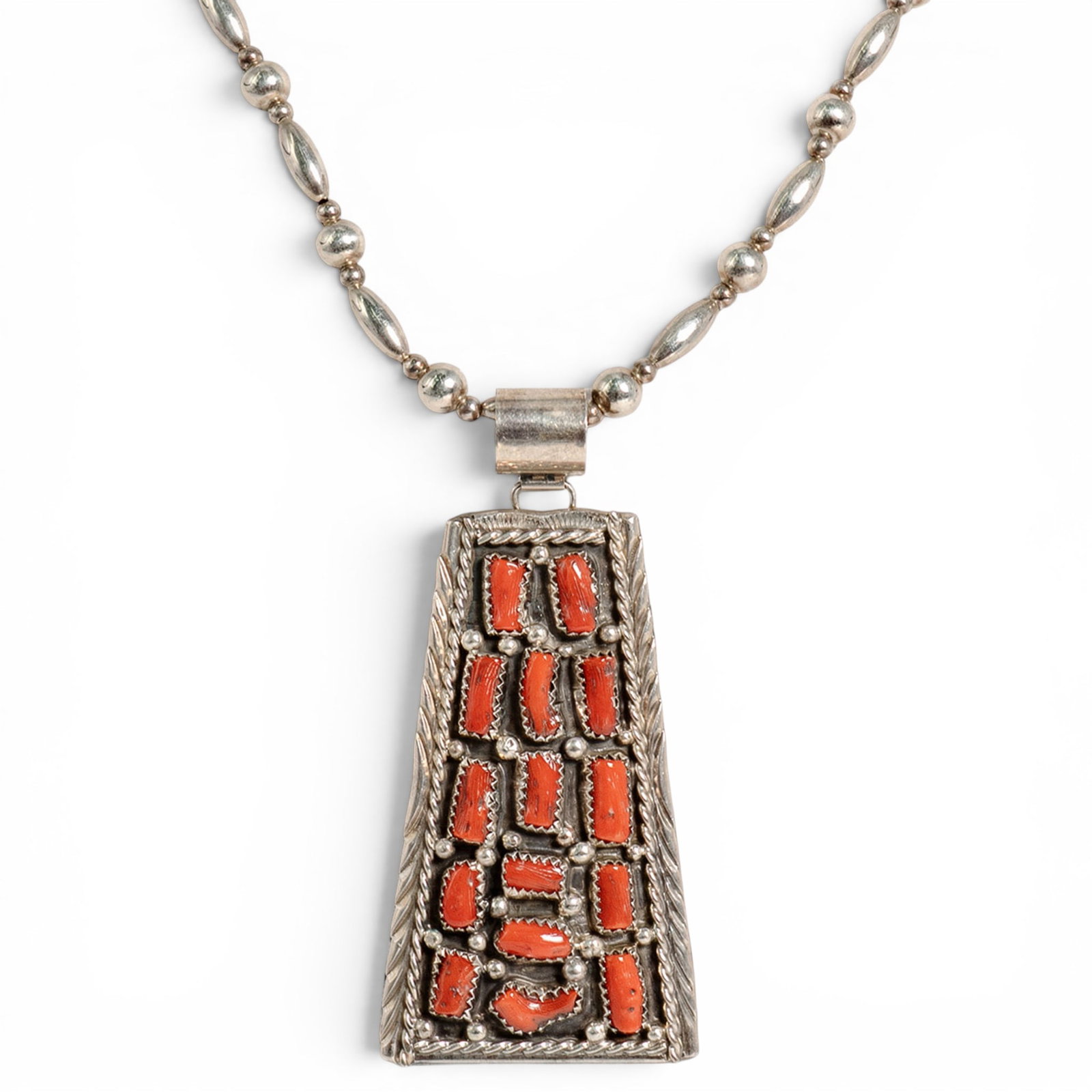 Vintage Dean Brown Navajo Sterling Silver & Coral Cluster Pendant Necklace (1 of 5)
