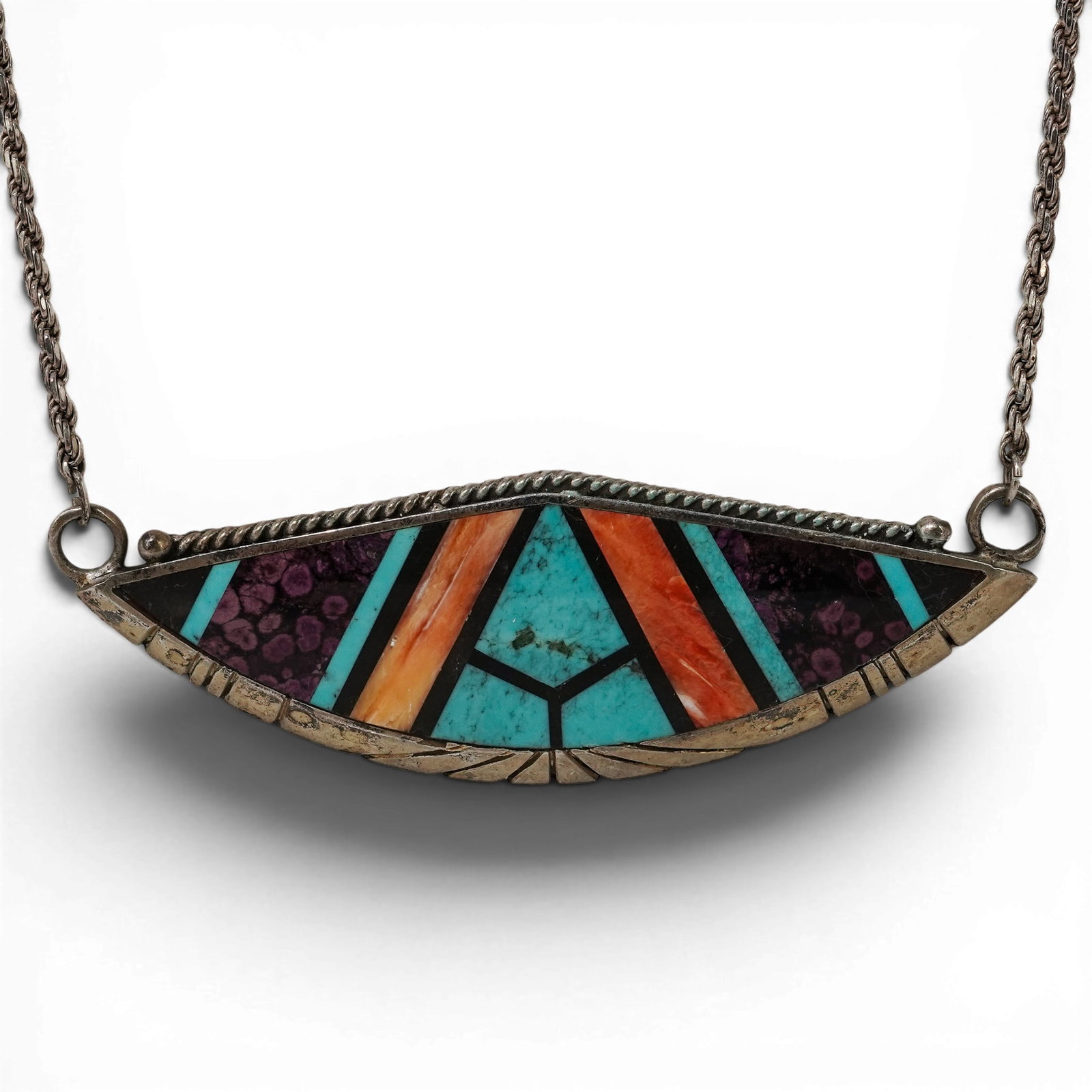 Jerry Johnson Navajo Sterling Silver & Multi-Stone Inlay Pendant Necklace: Jerry Johnson Navajo Sterling Silver & Multi-Stone Inlay Pendant Necklace Late 20th Century, USA Navajo sterling silver pendant necklace by Jerry Johnson featuring a curved feather-form pendant with g