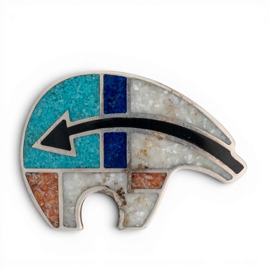 Vintage Waldeck Johnson Navajo Sterling Silver & Multi-Stone Inlay Bear Pendant/Brooch: Vintage Waldeck Johnson Navajo Sterling Silver & Multi-Stone Inlay Bear Pendant/Brooch 1970-1980s, USA Vintage sterling silver bear-form pendant by Waldeck Johnson, with channel inlay featuring turquo