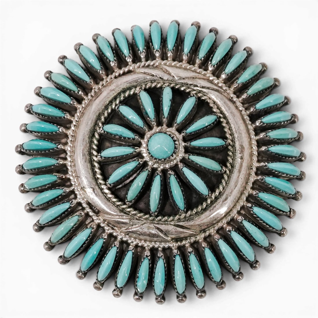 Vintage Norbert & Florenda Haskie Zuni Sterling Silver & Petit Point Turquoise Pendant Brooch: Vintage Norbert & Florenda Haskie Zuni Sterling Silver & Petit Point Turquoise Pendant Brooch 1970-1980s, USA Vintage sterling silver pendant brooch by Zuni artisan N.F. Haskie featuring a concentric 
