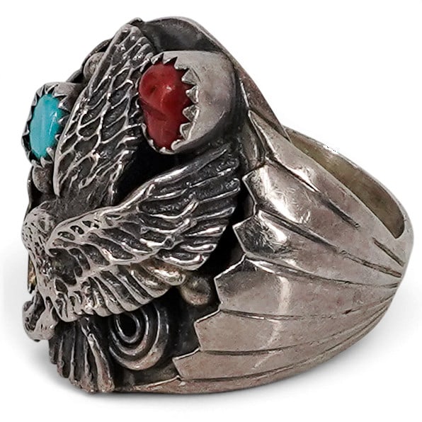 Vintage Cody Hunter Navajo Sterling Silver Turquoise & Coral Eagle Ring (1 of 8)