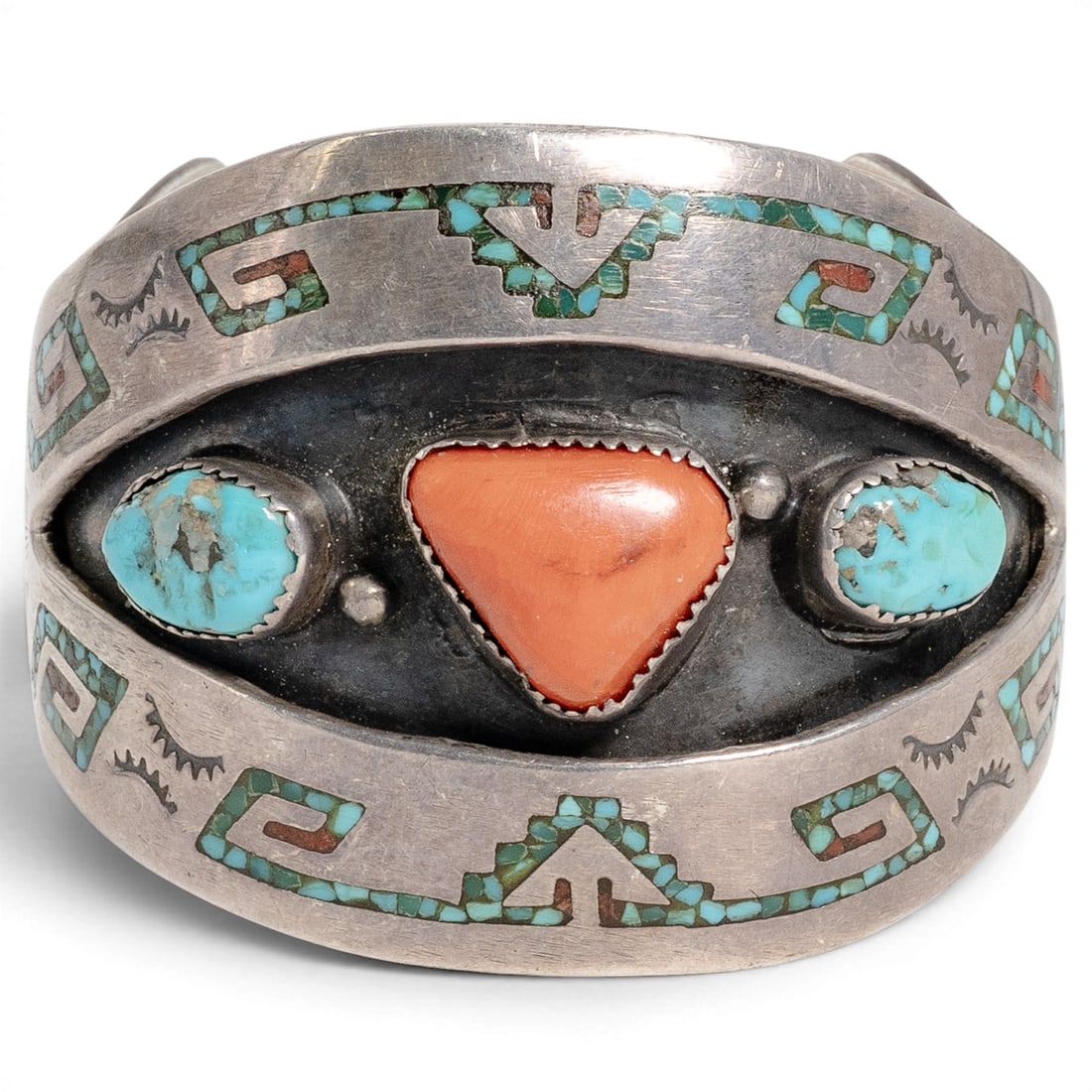 Vintage Navajo Sterling Silver Turquoise Coral & Inlay Cuff Bracelet: Vintage Navajo Sterling Silver Turquoise Coral & Inlay Cuff Bracelet 1970-1980s, USA Vintage handcrafted sterling silver cuff bracelet featuring a raised centerpiece set with a triangular natural cora