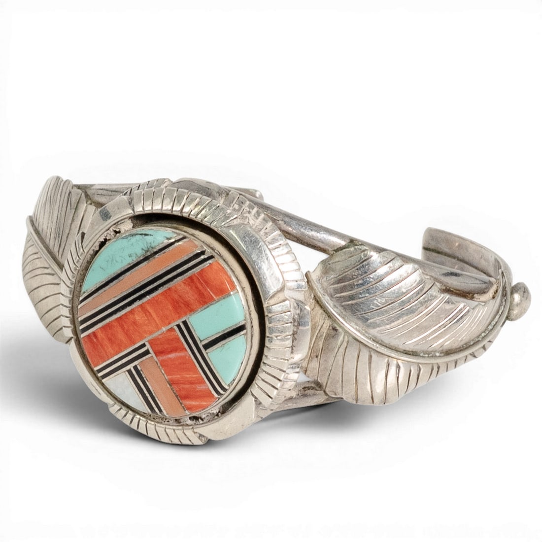 Vintage Navajo Sterling Silver & Multi-Stone Inlay Cuff Bracelet: Vintage Navajo Sterling Silver & Multi-Stone Inlay Cuff Bracelet 1970-1980s, USA Vintage Navajo sterling silver cuff bracelet featuring an intricate geometric channel inlay design composed of turquois