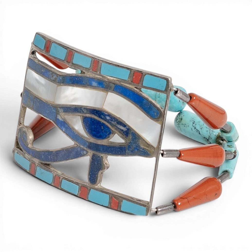 Vintage Mexican 950 Silver & Multi-Stone Inlay Egyptian Beaded Cuff Bracelet (1 of 5)