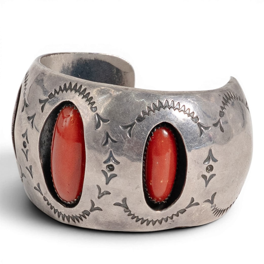 Vintage Virgil and Rita Begay Navajo Sterling Silver & Coral Cuff Bracelet (1 of 5)