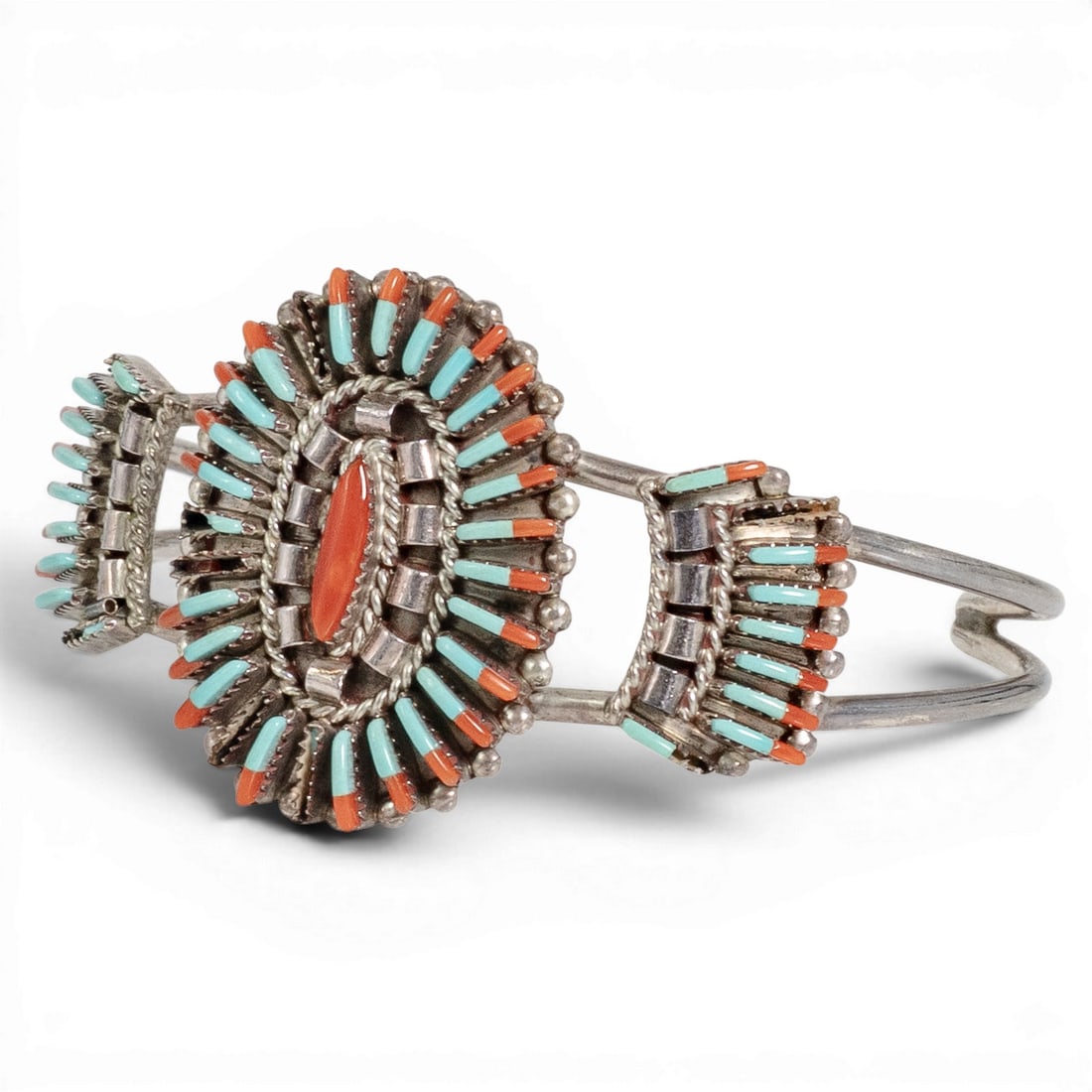 Edmund Cooeyate Zuni Sterling Silver Turquoise & Coral Needlepoint Cuff (1 of 5)