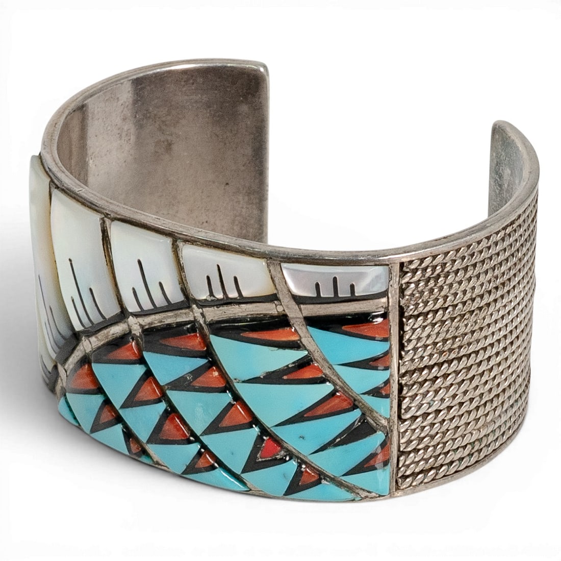Bennie Bowekaty Zuni Sterling Silver Turquoise Coral MOP Inlay Cuff (1 of 6)