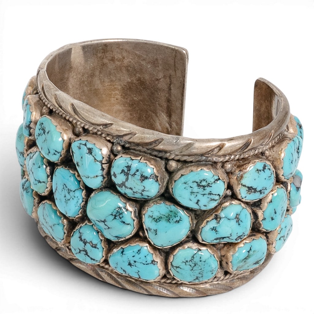 Vintage Esther Spencer Navajo Sterling Silver & Turquoise Cluster Cuff Bracelet (1 of 6)