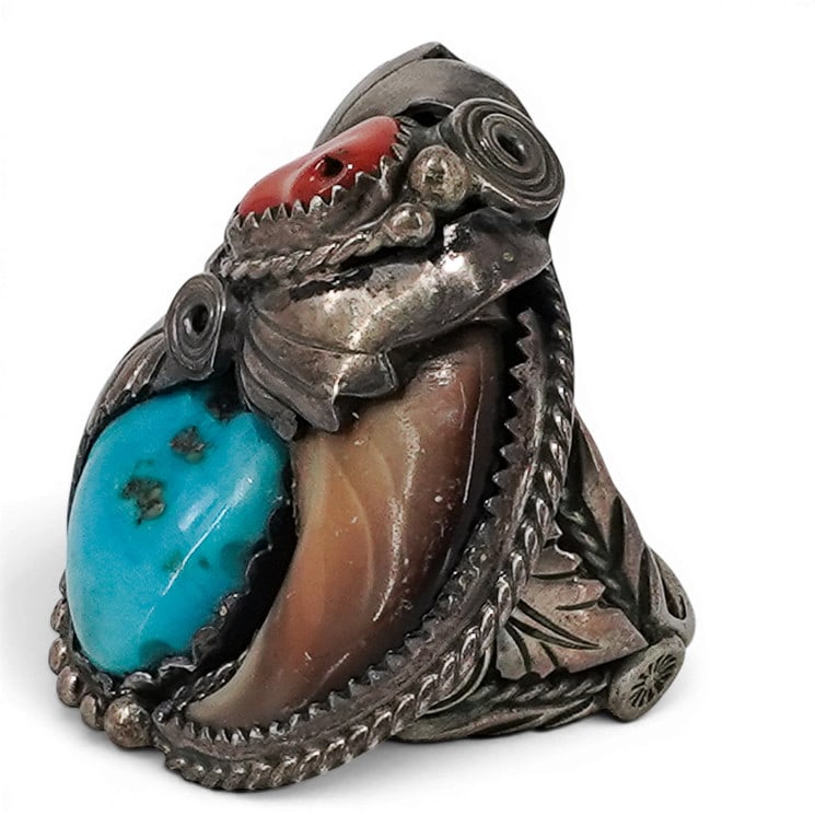 Vintage Navajo Sterling Silver Turquoise Coral & Bear Claw Ring (1 of 7)