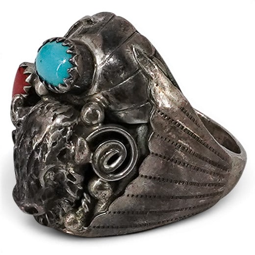 Vintage Navajo Sterling Silver Turquoise & Coral Buffalo Ring: Vintage Navajo Sterling Silver Turquoise & Coral Buffalo Ring 1970-1980s, USA Vintage Navajoj sterling silver ring featuring a cast buffalo motif accented by bezel-set turquoise and coral cabochons. D